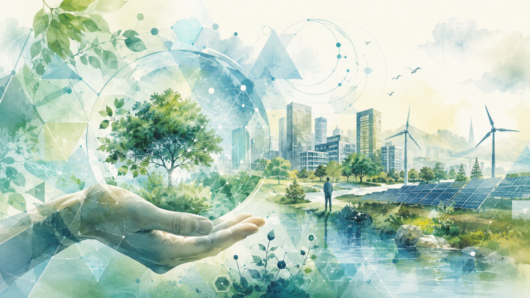 Illustration de l’IA de Transition reliant intelligence artificielle, données, écologie et développement durable