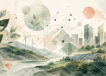 Illustration aquarelle de l’IA et de la transition écologique avec nature, éoliennes, panneaux solaires, ville durable, réseaux de données et formes géométriques.