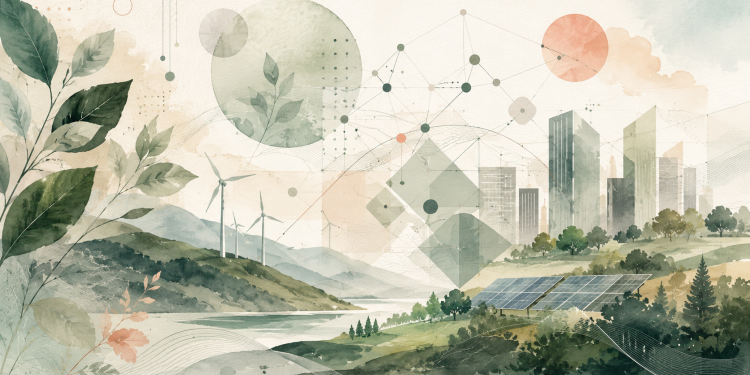 Illustration aquarelle de l’IA et de la transition écologique avec nature, éoliennes, panneaux solaires, ville durable, réseaux de données et formes géométriques.