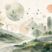 Illustration aquarelle de l’IA et de la transition écologique avec nature, éoliennes, panneaux solaires, ville durable, réseaux de données et formes géométriques.