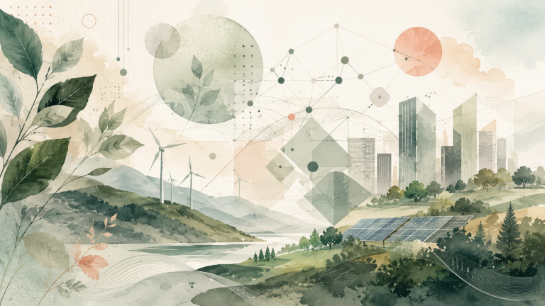 Illustration aquarelle de l’IA et de la transition écologique avec nature, éoliennes, panneaux solaires, ville durable, réseaux de données et formes géométriques.