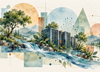 Illustration de serveurs et de circuits numériques reliés à l’eau, à l’énergie et à la végétation, évoquant l’impact environnemental de l’IA.