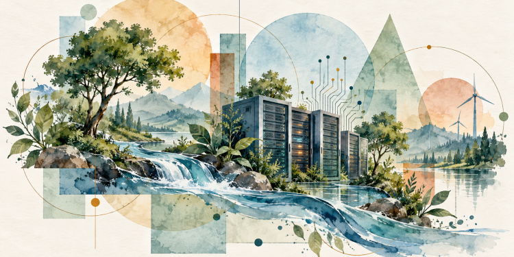 Illustration de serveurs et de circuits numériques reliés à l’eau, à l’énergie et à la végétation, évoquant l’impact environnemental de l’IA.