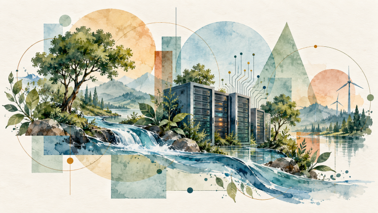 Illustration de serveurs et de circuits numériques reliés à l’eau, à l’énergie et à la végétation, évoquant l’impact environnemental de l’IA.