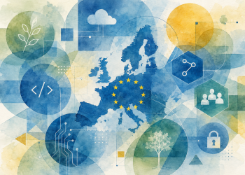 Illustration de la souveraineté numérique européenne fondée sur l’open source, les communs numériques et les infrastructures partagées.