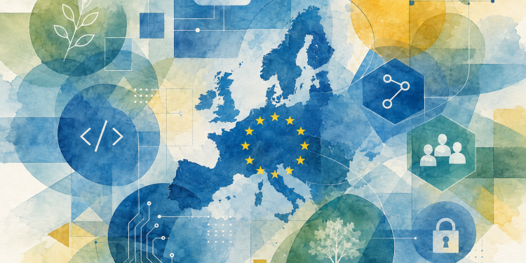 Illustration de la souveraineté numérique européenne fondée sur l’open source, les communs numériques et les infrastructures partagées.