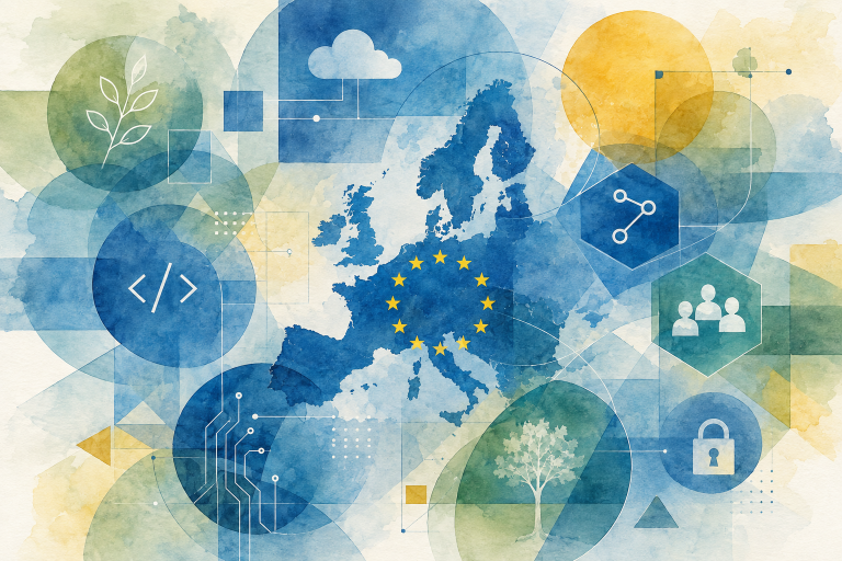 Illustration de la souveraineté numérique européenne fondée sur l’open source, les communs numériques et les infrastructures partagées.
