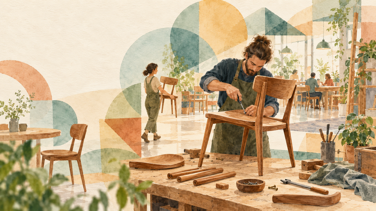 Un artisan répare une chaise en bois sur un établi tandis qu’une autre personne transporte une chaise vers un espace meublé, dans une aquarelle aux formes géométriques superposées.