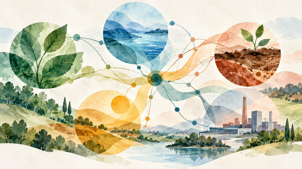Illustration aquarelle d'un réseau de paysages, d'activités et de données reliés par des formes géométriques translucides.