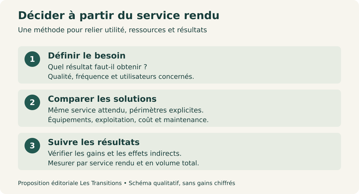 Trois étapes pour décider : définir le service utile, comparer les solutions, suivre les résultats et les volumes.
