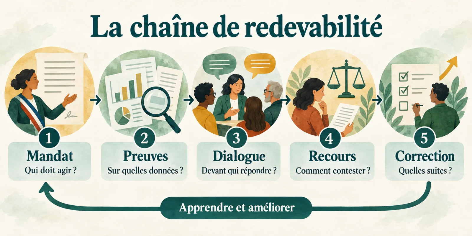 Cinq étapes reliées : mandat, preuves, dialogue, recours et correction. Une boucle d’apprentissage relie la correction au mandat.