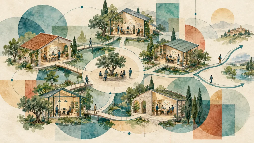 Des ateliers reliés par des passerelles entourent une place collective, avec des chemins qui se divisent et des formes géométriques translucides.