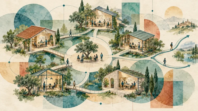 Des ateliers reliés par des passerelles entourent une place collective, avec des chemins qui se divisent et des formes géométriques translucides.