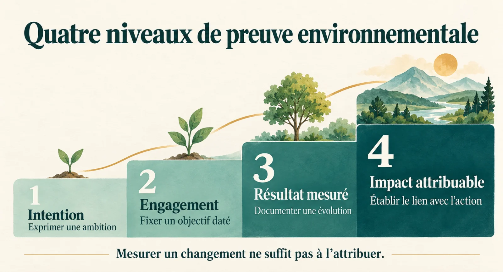 Quatre niveaux successifs : intention, engagement, résultat mesuré et impact attribuable. Mesurer un changement ne suffit pas à l’attribuer.