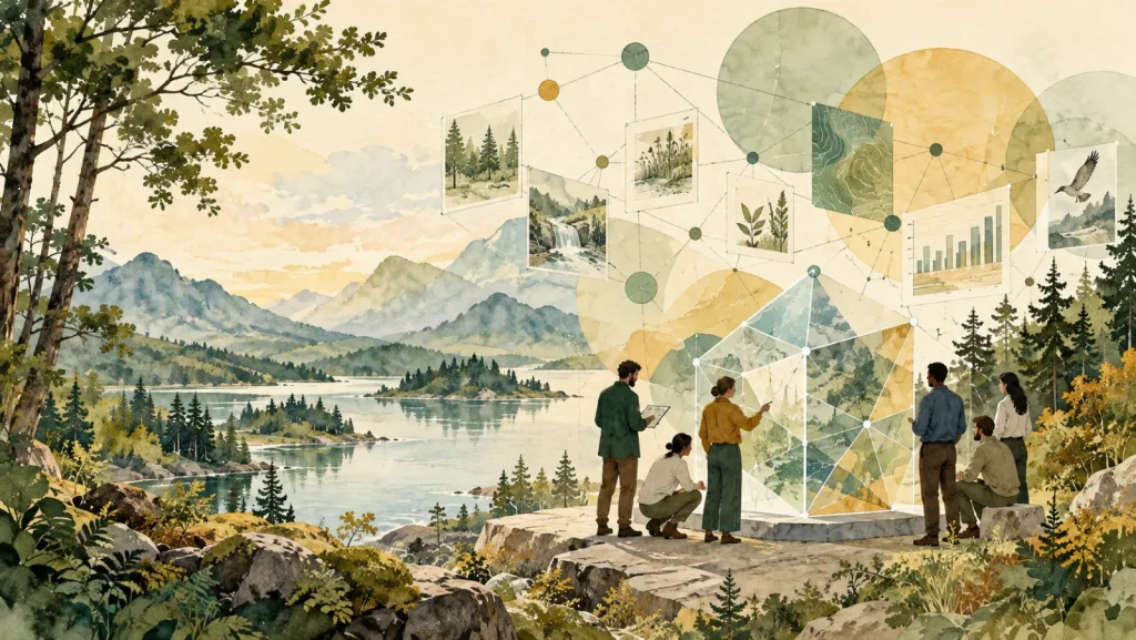 Un collectif examine des preuves reliées dans un paysage de forêt et d’eau, illustration de la gouvernance des décisions et impacts de l’IA.