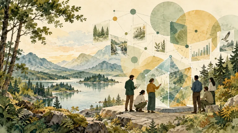 Un collectif examine des preuves reliées dans un paysage de forêt et d’eau, illustration de la gouvernance des décisions et impacts de l’IA.