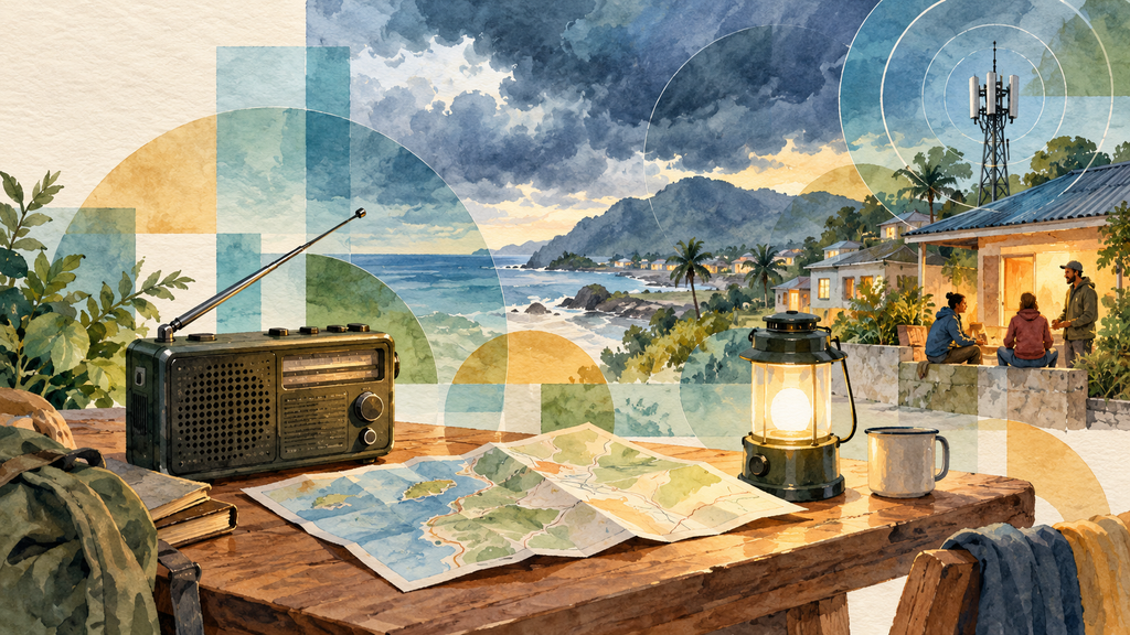 Radio portable, carte papier et lanterne devant un quartier côtier sous un ciel orageux, avec des habitants réunis et des formes géométriques translucides.